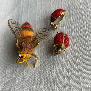 Vintage Bee and ladybug brooch set